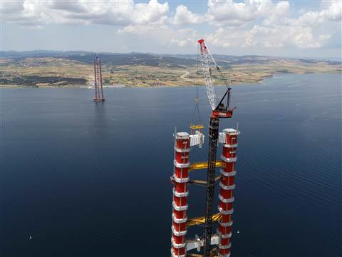 Marr's Favco 2480D installing the UCB on the 1915 Canakkale Bridge tower on the Asian side of the Dardanelles Strait